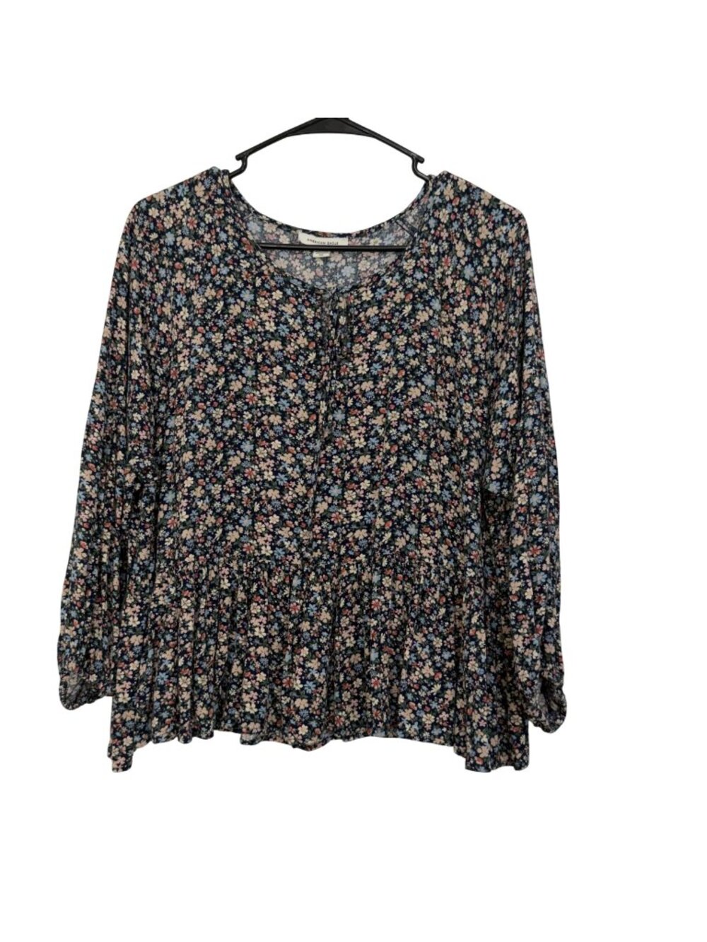 American Eagle Womens Floral Peasant Top Blouse Size Medium Blue Pink 3/4 Sleeve